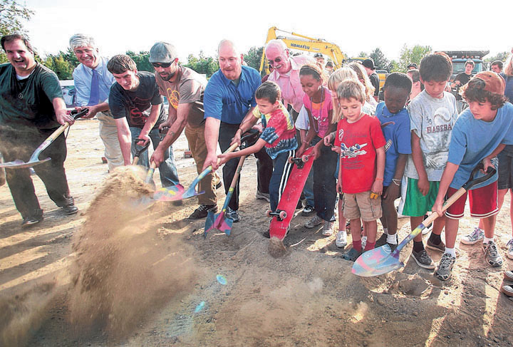 Students from the Nathan Clifford After School Program join members of Portland’s Skatepark Planning Committee at the groundbreaking Wednesday for the new facility at Dougherty Field. “It means a lot to have a place like this,” said boarder Rocco DiDonato.