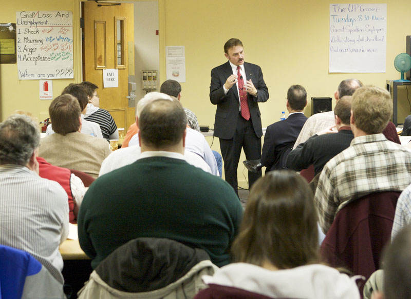 Bob Labrie speaks to a packed room providing tips about interviewing for jobs at the Career Center in Portland in 2008.