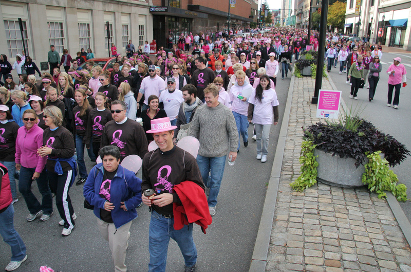 Teams of walkers fill Congress Street during the American Cancer Society's Making Strides Against Breast Cancer Walk in Portland today.