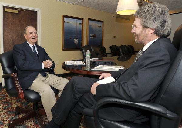 Former Sen. George Mitchell sits down with Bill Nemitz for an interview at the Marriott at Sable Oaks in South Portland on Friday. Mitchell said there are cycles in politics and society’s train of thought, which he says partly explain the tea party movement and the sentiment of discontent in the United States.