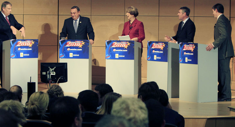 The five gubernatorial candidates debate just two weeks before the election, in Portland, Maine, on Monday, Oct. 18, 2010. From left to right are: Independent Eliot Cutler, Republican Paul LePage, Democrat Libby Mitchell, Independent Shawn Moody, Independent Kevin Scott.(AP Photo/Pat Wellenbach)