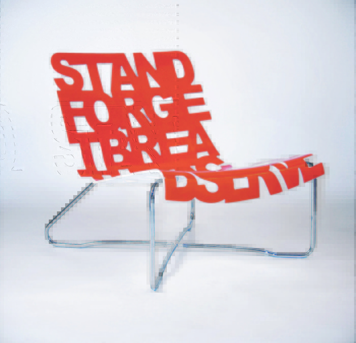 Palette Industries' laser-cut chair, which features a seat formed by the words Stand, Forget, Breathe, Acknowledge and Observe.