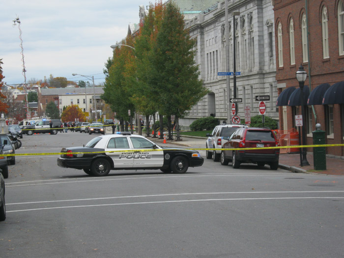 View of Federal Street in Portland, where police are investigating a suspicious package found outside the entrance to the federal courthouse.