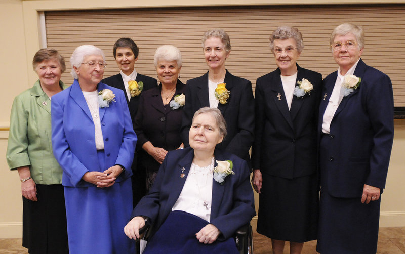 Sisters of Mercy recently honored some nuns with a collective 560 years of service to the order. Family and friends honored them at the Italian Heritage Center, Portland, after a special Mass. Honorees included Sisters Josephine Flanagan, front in chair, and from left, Mary Morey, Ruth Hurtubise, Priscilla Murray, Mary Fasulo, Judith McNamara, Mary Jude Murray and Joyce Mahany.