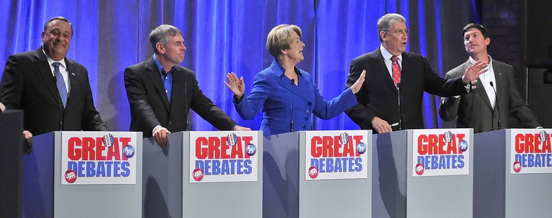 The gubernatorial candidates, from left, Republican Paul LePage, independent Shawn Moody, Democrat Libby Mitchell, independent Eliot Cutler and independent Kevin Scott participate in The Great Debates.