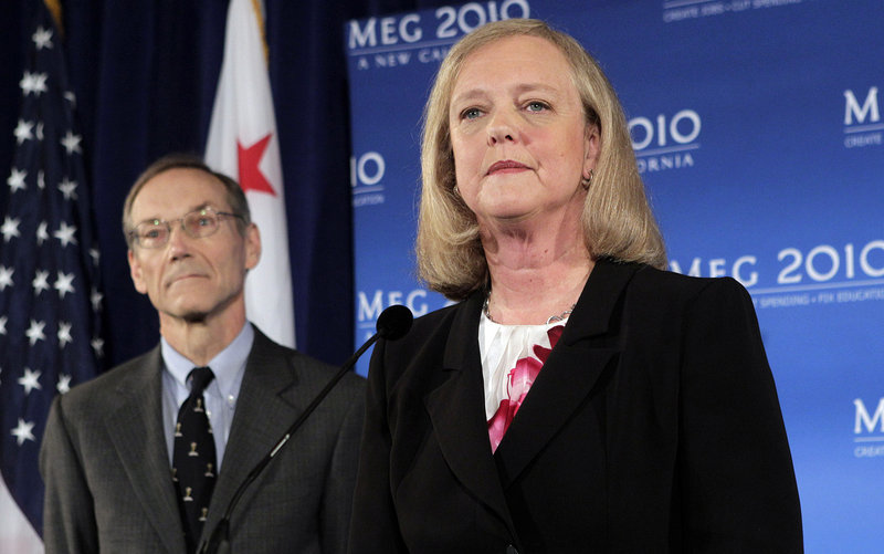 “I’m just getting used to the politics of personal destruction,” Meg Whitman told reporters Thursday at a news conference in Santa Monica, Calif. At left is her husband, Dr. Griffith Harsh III.