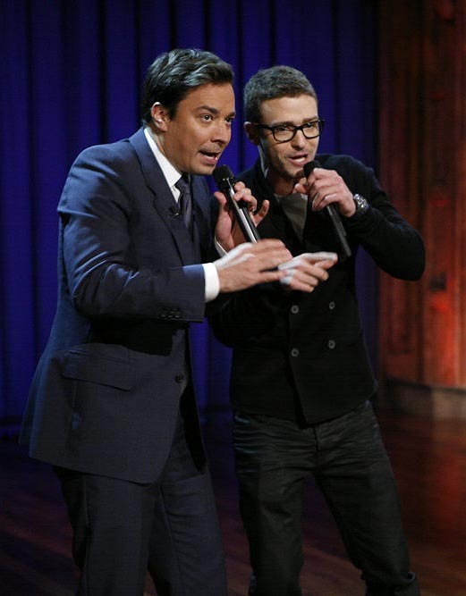 Host Jimmy Fallon, left, performs with singer Justin Timberlake during “Late Night with Jimmy Fallon” on Wednesday night in New York.