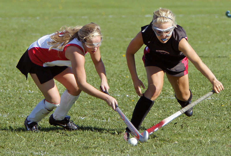 Rachael Millett, right, and her Scarborough teammates are the No. 1 seed in the Western Class A field hockey playoffs.