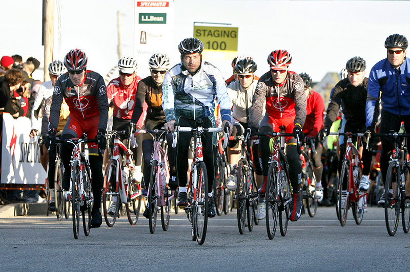 Dempsey leads the 100-mile cycle group at the start of the Dempsey Challenge near Simard-Payne Police Memorial Park in Lewiston.