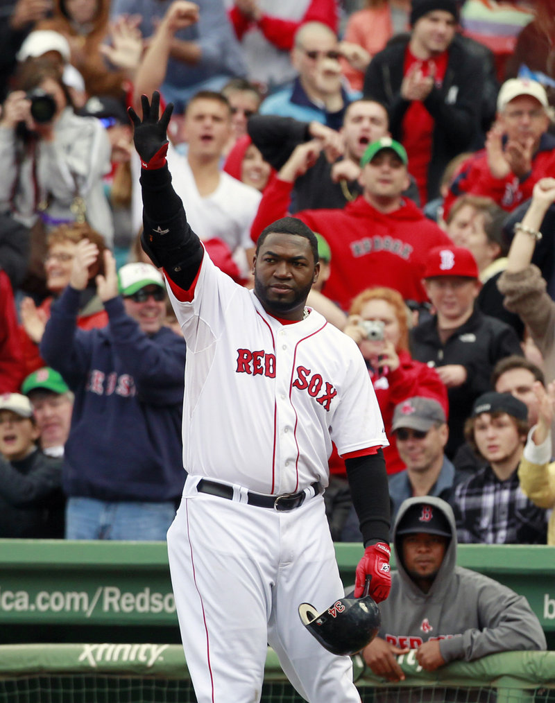 David Ortiz waves to the crowd at Fenway Park after leaving the game in the sixth inning Sunday. He could become a free agent if Boston declines his $12.5 million option.