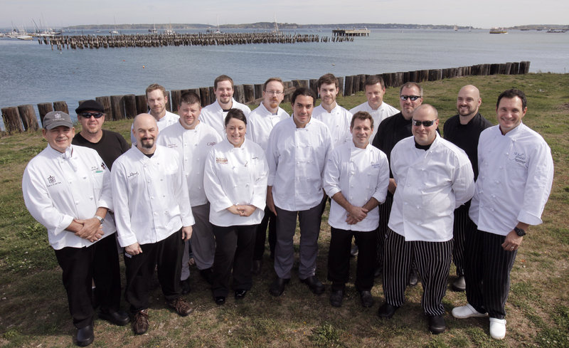 Chefs participating in the Grand Tasting on the Harbor gathered for a group photo last week on the Portland waterfront. Left to right are Al Hynes of the Black Point Inn, Jay Villani of Sonny's, Jeff Buerhaus of Walters, Justin Rowe of the Chebeague Island Inn, Alan Cook of Twenty Milk Street, Charles White of Cinque Terre, Melissa Bouchard of Dimillo's, Tony Lavelle of Solo Bistro, Eric Simeon of Grace, Christopher Bassett of Azure Cafe, Dan Crook of the Blue Wave Grill at the Wyndham Hotel, Jonathan Cartwright of the White Barn Inn, Harding Lee Smith of the Rooms, Jeff Landry of the Farmers Table, Joe Boudreau of Havana South and Mitchell Kaldrovich of Seaglass at the Inn by the Sea. Not pictured: Theda Lyden of the Harraseeket Inn.