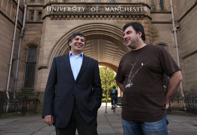 Andre Geim, left, and Konstantin Novoselov shared the Nobel Tuesday for “groundbreaking experiments” with a carbon vital for creating faster computers and transparent touch screens.
