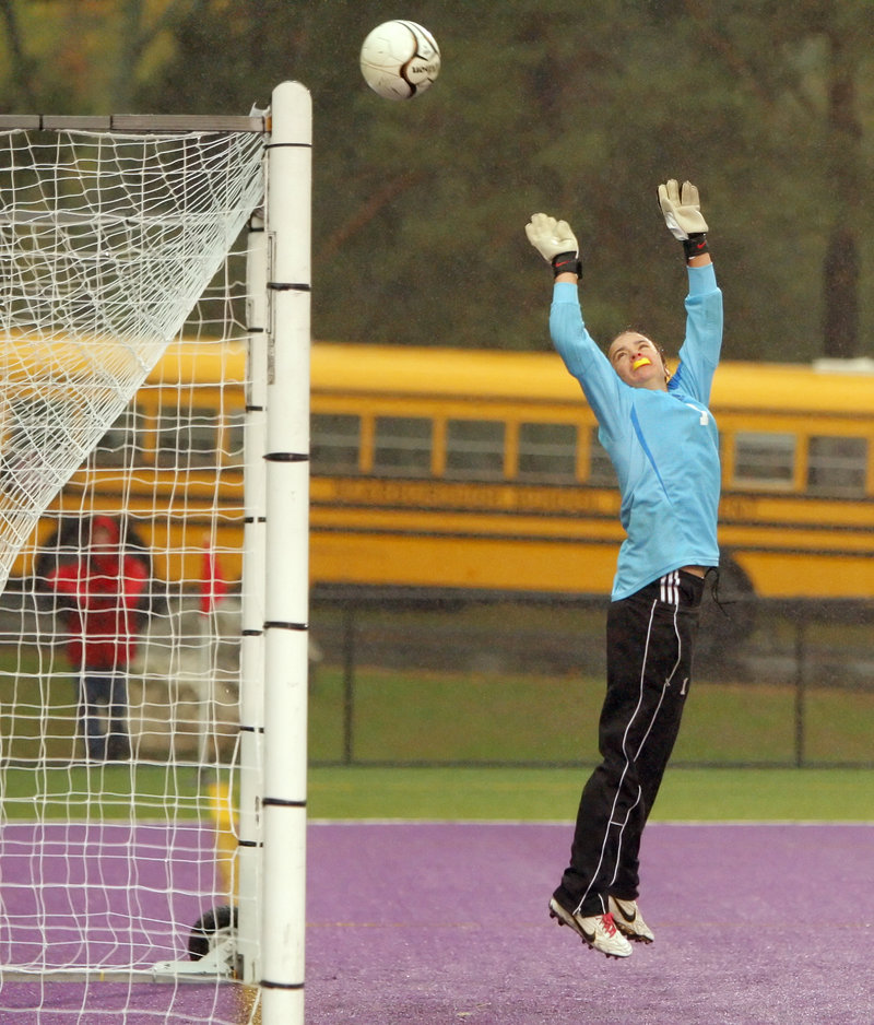 Deering goalie Jen Lynch watches after she deflected a direct kick over the net during the first half against Scarborough on Wednesday. The Red Storm got a 3-0 win to stay unbeaten.