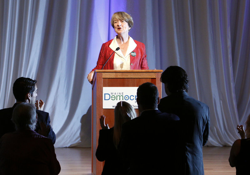 Gubernatorial candidate Elizabeth “Libby” Mitchell rallies Democrats at the Jefferson-Jackson dinner in Scarborough on Sunday.