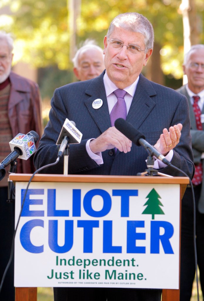 Gubernatorial candidate Eliot Cutler at a press conference at Deering Oaks Park in Portland Tuesday said the Maine Education Association and Libby Mitchell were an “unholy alliance.”
