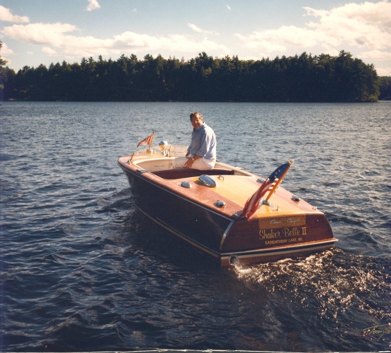 Stephen Dunlap is shown on his cherished Shaker Belle II, his father’s 1951 Chris-Craft that he refurbished and enjoyed on Sabbathday Lake in New Gloucester.
