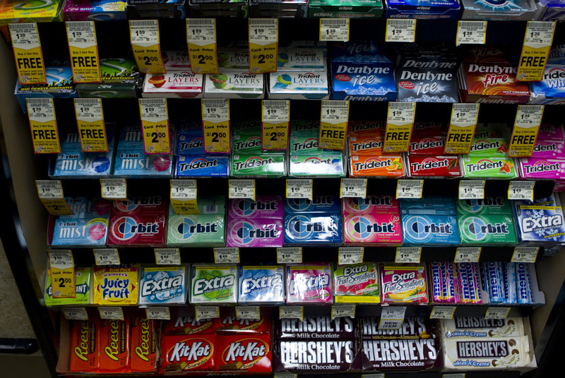 Candy manufacturers are creating gums for all occasions to entice chewers to chew more frequently, and also to keep them chewing beyond young adulthood. Some of the choices are displayed at this Dominick’s supermarket in Chicago.