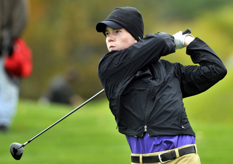 Joe Walp of Deering hits his tee shot on the fourth hole during the state individual golf championships Saturday at Natanis Golf Course.