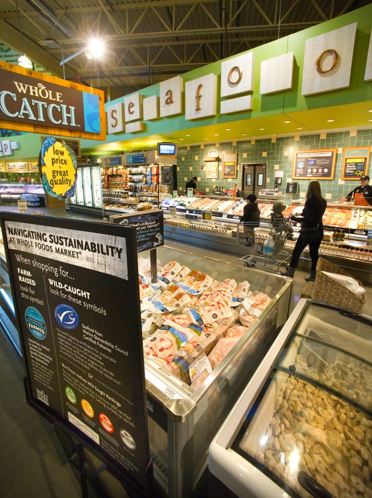 Whole Foods Market in Portland has launched a seafood program with color-coded signs indicating a fish’s level of sustainability. Green, or “best choice” ratings, means a species is relatively abundant and caught in environmentally-friendly ways. A yellow rating means there are some concerns with a fish’s status or catch methods. Red means “avoid” because the species is suffering from overfishing, or the methods used to catch it are harmful to other marine life or habitats. Whole Foods has already stopped selling many red-rated species.