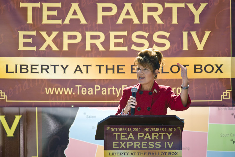 Former Alaska governor Sarah Palin speaks to the crowd Monday during the kickoff of the nationwide Tea Party Express bus tour in Reno, Nev.