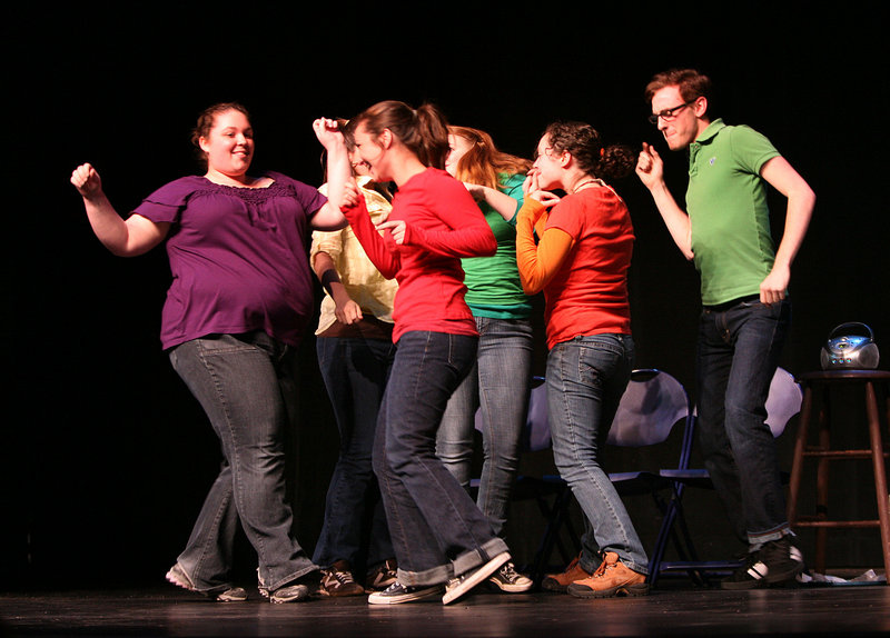Student actors affiliated with Add Verb Productions dance at the start of Monday’s performance of the Out & Allied Project at the University of Southern Maine in Gorham. The show is by and about gay, bisexual, transgender and questioning youths and their allies.