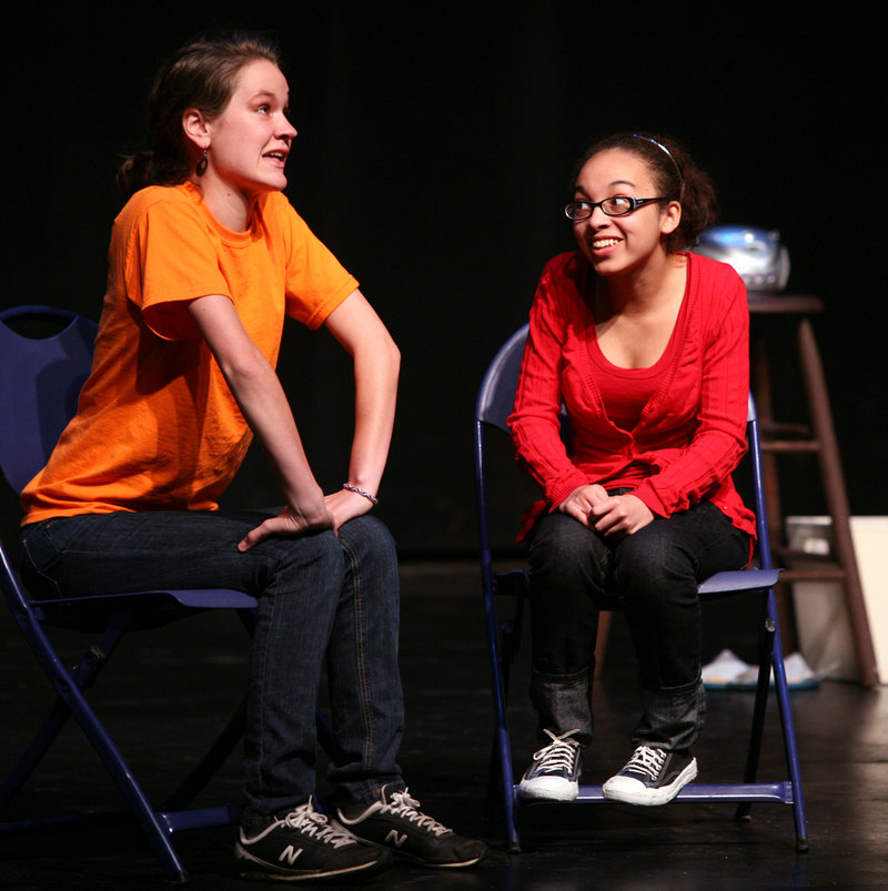 Hillary Perry, left, and Angelica Phipps perform a piece titled “I’m Not Gay, But Thank You” during the Out & Allied Project at USM’s Russell Hall in Gorham.