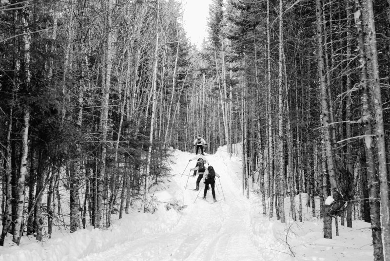 Skiers make their way up a hill on a the trail that is part of a trail-hut system from Bethel to Moosehead Lake.
