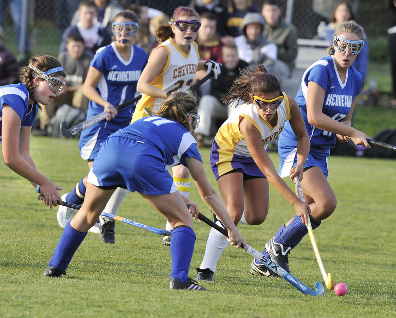 Gabi Cardona of Cheverus attempts to thread her way through the Kennebunk defense. Cardona scored in the first half and took a shot that led to a second-half goal.