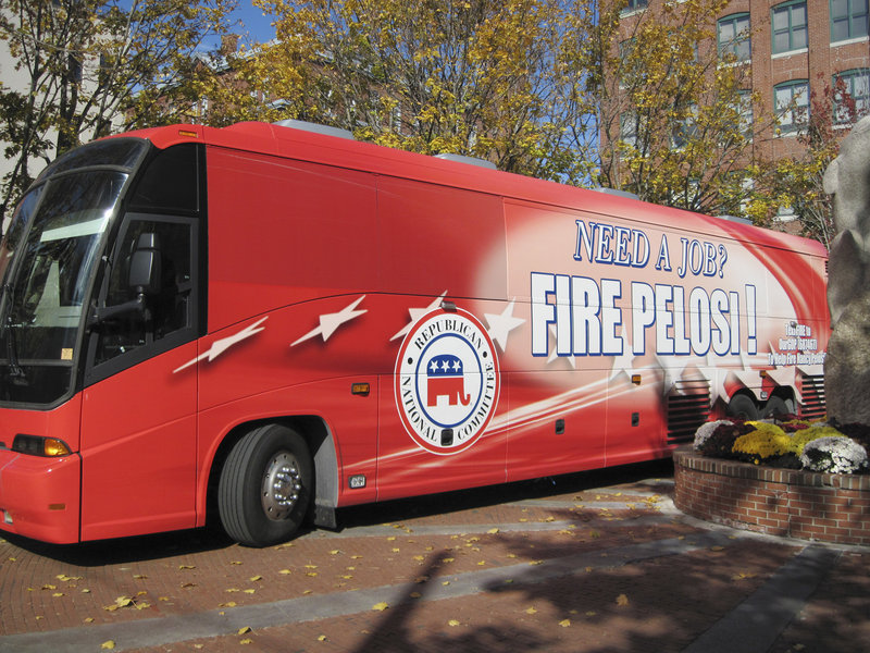 The Republican National Committee brought its red “Fire Pelosi” bus to Portland Friday for a fundraising luncheon.