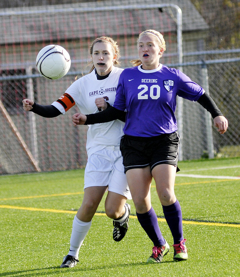 Alexis Elowitch of Deering, right, attempts to get to the ball ahead of Abigail Armstrong of Cape Elizabeth during the Capers 1-0 win in the Western Class A tourney Friday.