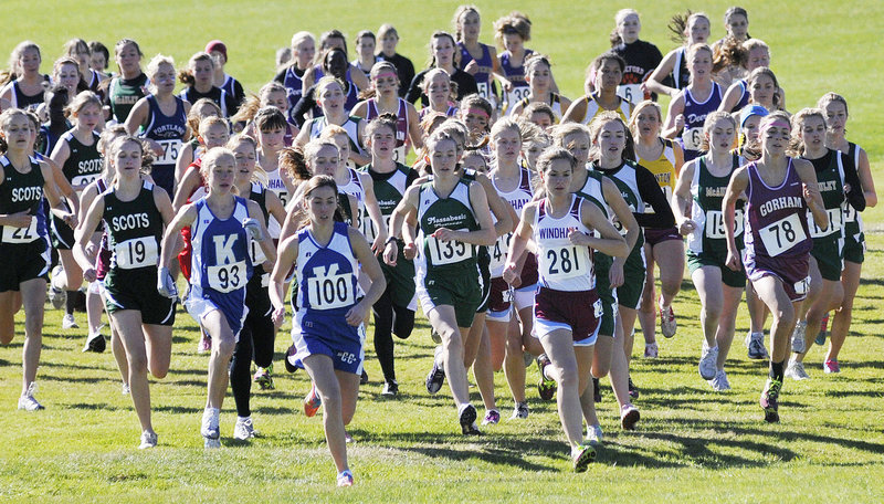 Off they go to start the Class A race Saturday in the Western Maine cross country regionals at Twin Brook Recreation Area in Cumberland. Abbey Leonardi of Kennebunk, No. 100, was the race winner in 18 minutes, 26.66 seconds over 3.1 miles.
