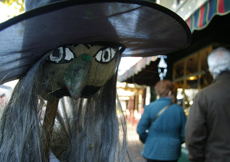 A witch scarecrow keeps watch in front of Bread and Roses in Ogunquit.