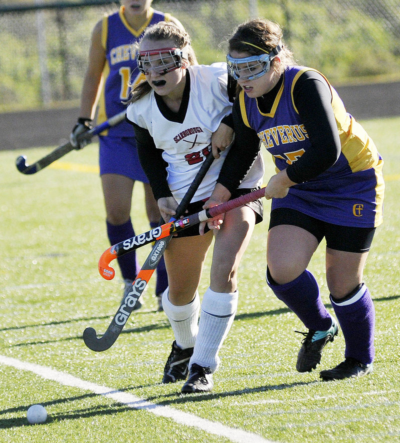 Grace Whelan of Scarborough, left, and Annie DiLisio of Cheverus compete for the ball Saturday during Cheverus' 2-1 victory that eliminated the top-ranked Red Storm.