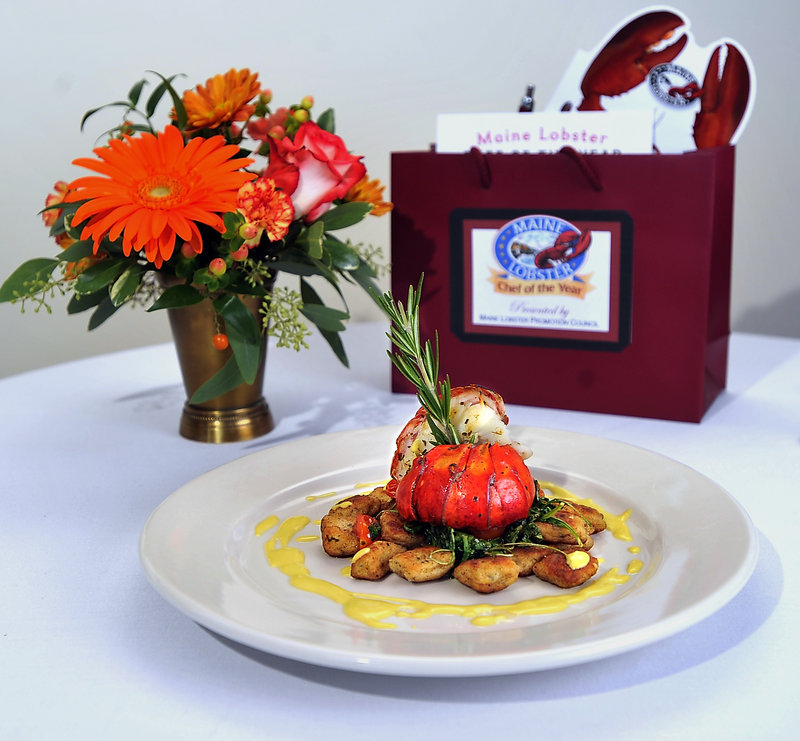 The winning dish by Kelly Patrick Farrin of Azure Cafe in Freeport, Herb-Grilled Maine Lobster Tail.
