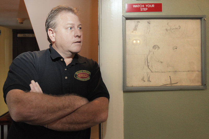Dan Roberts, owner of the Maine Street Grill in Standish, says a litany of incidents at the restaurant have convinced him that the building is haunted by ghosts. The drawing at right, which Roberts found on the wall when he renovated the building, is of girls skating on a pond; Roberts believes that at least one of the ghosts in the restaurant is a young girl.