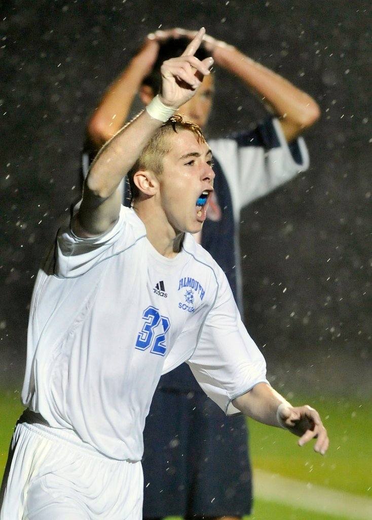 Cooper Lycan of Falmouth celebrates Wednesday night after scoring the goal that proved the difference in a 1-0 victory against Gray-New Gloucester in Western Class B.
