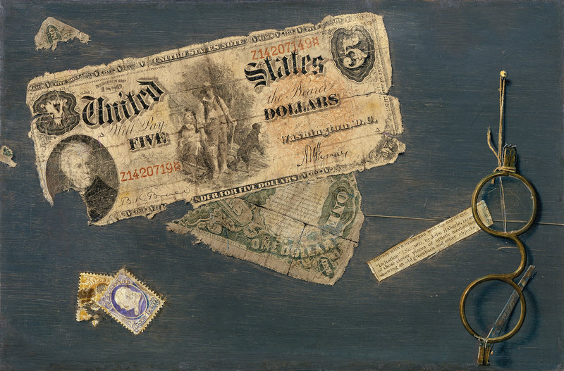 “Can You Break a Five?” (1888), oil on canvas, is among John Haberle’s impressive trompe l’oeil money paintings at the Portland Museum of Art.