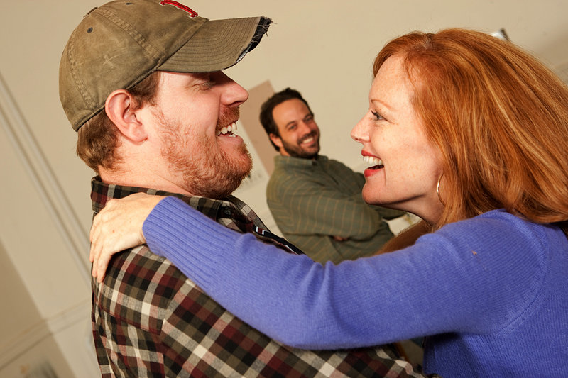 Mike Houston, left, as Guy, David Mason as Nat and Kathy McCafferty as Lurenerehearse a scene from “Last Gas.”