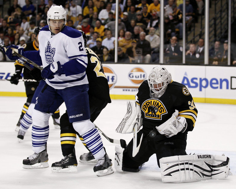Tim Thomas continued his strong start Thursday night for the Boston Bruins, stopping Luke Schenn of Toronto. Thomas is 5-0 with two shutouts and a 0.60 goals-against average.