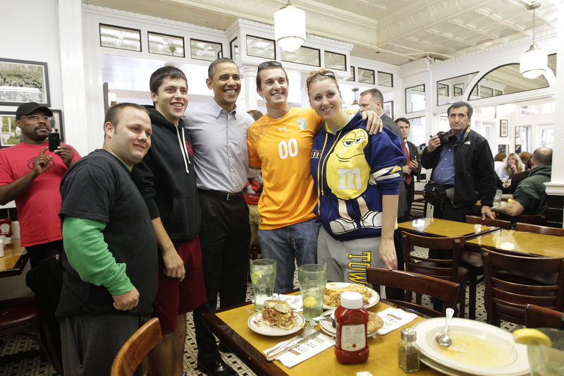 President Obama stops for lunch at the Famous Fourth Street Deli in Philadelphia on Saturday after a rally at Temple University. Obama is making a final get-out-the-vote push for Democratic candidates.
