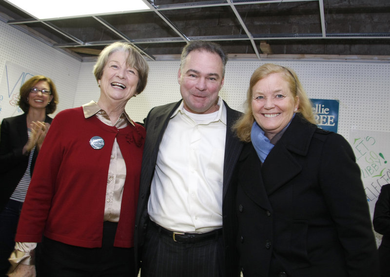 Democratic National Committee Chairman Tim Kaine attends a get-out-the-vote rally with gubernatorial candidate Libby Mitchell, left, and U.S. Rep. Chellie Pingree on Saturday.