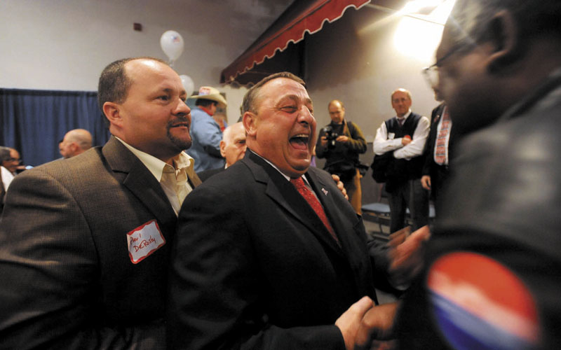 Paul LePage at his election night party at Champions in Waterville Tuesday night. The governor-elect said he'll reveal his transition team on Friday.