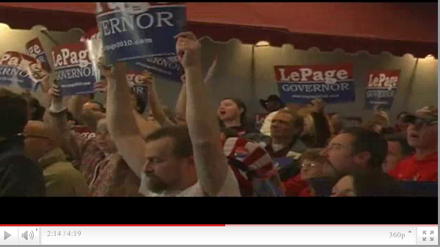 Supporters rally at Paul LePage's campaign headquarters in Waterville on Election Night