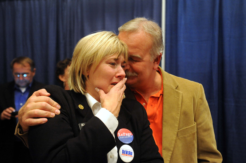 Staff photo by Michael G. Seamans Kim Lindlof, finance director gets emotional as the Paul LePage takes the lead in the race for governor early Wednesday morning at Champions in Waterville.