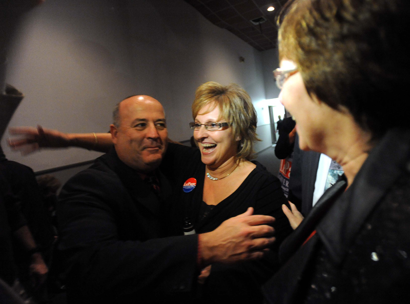 Staff photo by Michael G. Seamans Ann LePage, wife of Paul LePage is greeted at the election night party at Champions in Waterville Tuesday night.