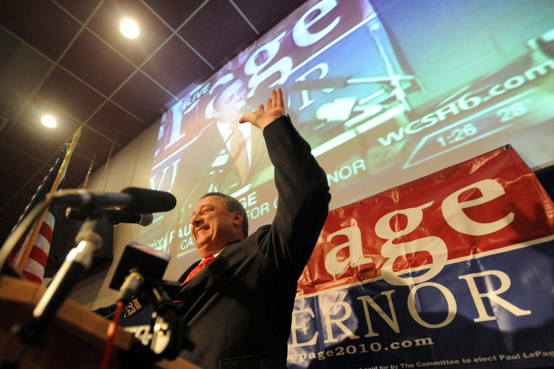 Paul LePage speaks to supporters at the election night party at Champions in Waterville recently.