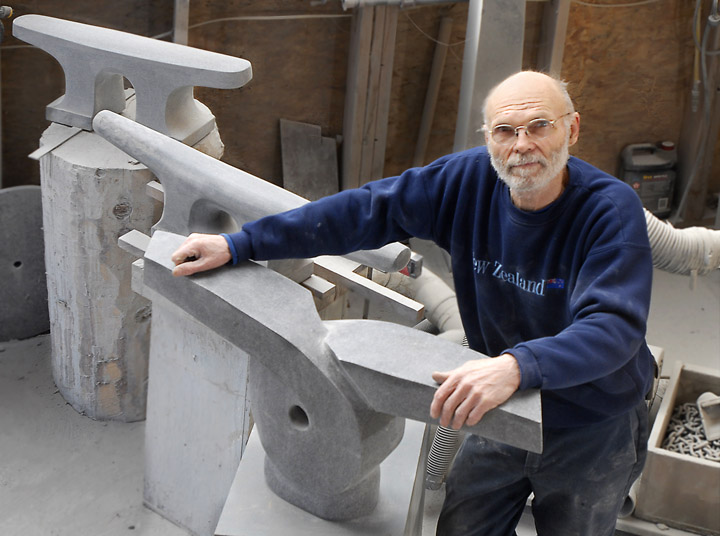 Don Meserve shows a few of his granite sculptures in his Round Pond studio on March 7, 2008.