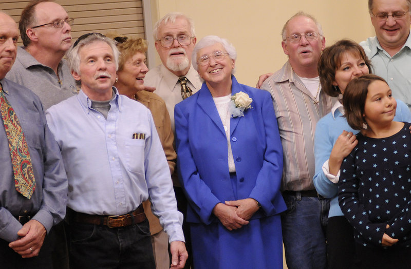 Sister Ruth Hurtubise celebrates with friends and family Sept. 18 at a lunch after a special Mass marking the years of service she and eight other Sisters of Mercy have given to the order. The lunch took place at the Italian Heritage Center in Portland.