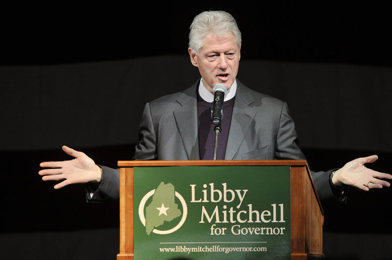 Former President Bill Clinton, speaking at a rally at the Lewiston Armory on Sunday, said Maine's Democratic candidates are caught in the gap between when good things are done and when people begin to feel it.