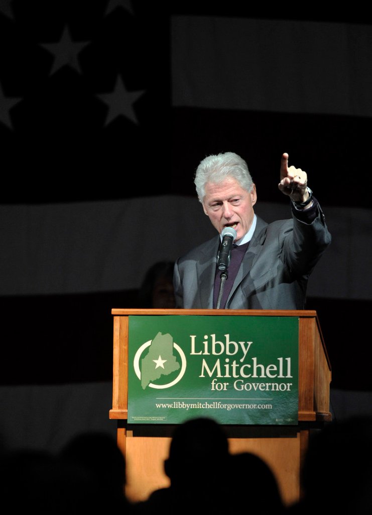 Former President Bill Clinton makes a point at a rally in Lewiston on Sunday.